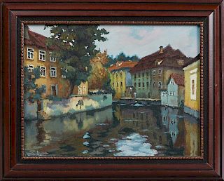 Continental School, "House Along the Canal," 20th c., oil on canvas, signed indistinctly lower left, presented in a stepped m