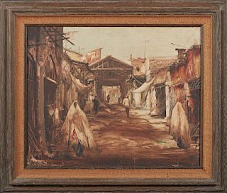 Ajoror, "African Market Scene," 20th c., oil on canvas, signed lower right, presented in a white washed wood frame with burla