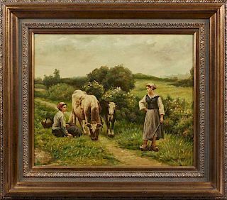 Chinese School, "Woman with Cows," 20th c., oil on canvas, presented in a wide gilt frame, H.- 19 1/2 in., W.- 23 1/2 in. Pro