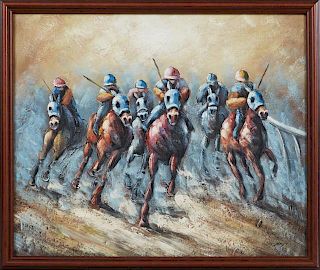 American School, "The Polo Match," 20th c., oil on canvas, signed indistinctly lower right, presented in a mahogany frame, H.