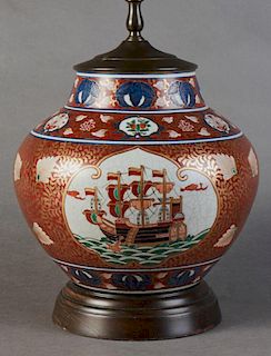 Chinese Export Porcelain Baluster Vase, 20th c., with a figural reserve of European figures on one side, and a three masted s