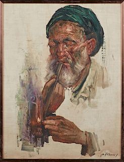 S. Afshary, "Man with Chibuck," 20th c., oil on canvas, signed lower right, titled verso, framed, H.- 23 1/4 in., W.- 17 1/2 