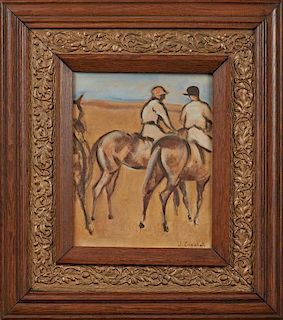 After J. Crawhall, "American Jockeys and Racehorses," 20th c., oil on canvas, signed lower right, presented in an oak and ges