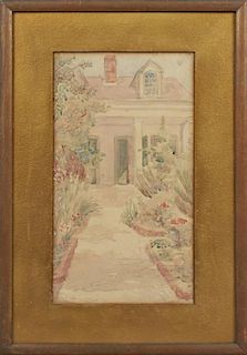 Vatter, "House with Columns," 20th c., watercolor, signed lower left, presented in an oak frame, H.- 15in., W.- 8 in. Provena