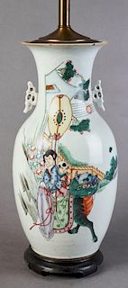 Chinese Porcelain Baluster Lamp, early 20th c., with applied butterfly wing handles, the side with figural and dragon decorat