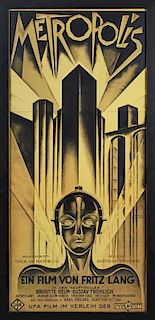 Metropolis Film Poster, 20th c., after the 1926 original for the Fritz Lang 1927 production, presented in a wide ebonized fra