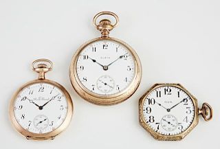 Group of Three Pocket Watches, consisting of an Elgin gold filled octagonal example, 1913, Size 12s, Ser. # 17642178, 15 jewe
