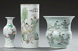 Three Pieces of Chinese Porcelain, 19th c., consisting of a large baluster vase with scenes of women in landscapes, verso wit