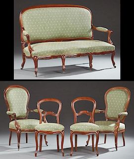 French Louis Philippe Style Five Piece Parlor Suite, c. 1880, consisting of a settee, a gentleman's fauteuil, a lady's fauteu