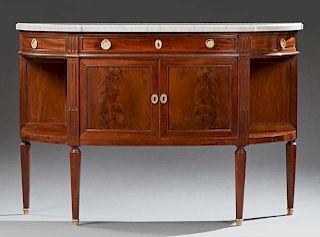 French Louis XVI Style Marble Top Demilune Sideboard, early 20th c., the ogee edge figured white marble over a center convex 