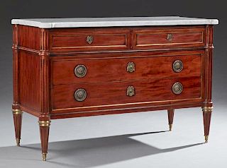 French Louis XVI style Carved Mahogany Ormolu Mounted Mahogany Marble Top Commode, early 20th c., the ogee edge cookie corner