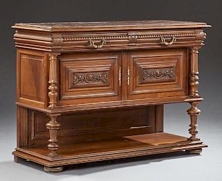 French Henri II Style Carved Walnut Marble Top Server, c. 1880, the inset highly figured rouge marble on a stepped rounded ed