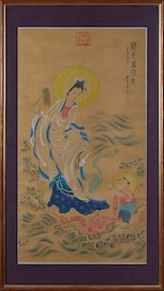 Chinese Painting of a Deity and a Child, 19th c., on waves, watercolor on silk, with a calligraphic inscription upper right, 