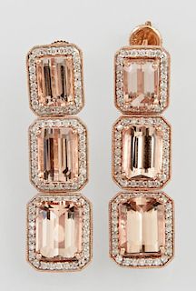 Pair of 14K Yellow Gold Pendant Morganite Earrings, each with a screwpost stud with an emerald cut morganite atop a frame of 