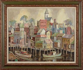 Carl Thorp (1918-1995), "Gloucester Waterfront," 20th c., oil on canvas, signed lower right, signed and titled verso, present