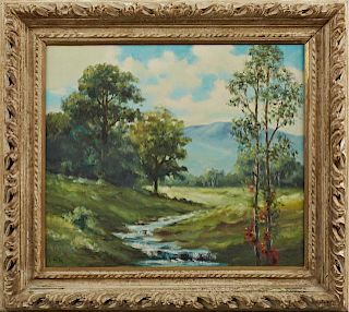 American School, "Meandering Stream in the Valley," early 20th c., oil on canvas, signed "M.K." lower left, presented in a ca