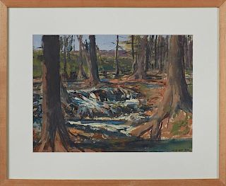 Henry Coe (1946- , American,) "Stream, Kendall County," 1987, oil on paper, signed and dated lower right, presented in a blon