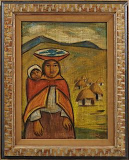 Arturo Nieto, "Woman and Child," 20th c., oil on masonite, signed indistinctly lower right, presented in a carved gilt frame 