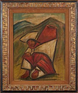 Arturo Nieto, "To Market," 20th c., oil on canvas, laid to masonite, signed and titled verso, presented in a carved giltwood 