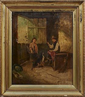 Thomas Locker (1937-2012, New York), "Interior Scene with Dog," 19th c., oil on canvas, signed lower right, presented in a wi