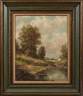 H. Berger (possibly Hans Berger, 1882-1977), "Lake Landscape with Hills Beyond," 20th c., oil on canvas, signed lower right, 