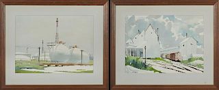 Steve Lang (Texas), "Box Cars in the Rail Yard," and "Oil Refinery," two watercolors, signed and dated lower left, presented 