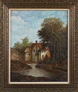 English School, "Cottage by the Stream," 20th c., oil on canvas, signed indistinctly lower left, presented in a carved gilt w