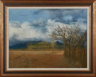 Paul Mattson, "Sierra Blanca," 1981, acrylic on canvas, signed, titled and dated verso, presented in a wide gilt and ebonized