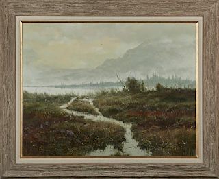 Thomas DeDecker (1951- ,Wyoming), "Crystal Lake," 20th c., oil on masonite, signed lower left, presented in a distressed wood