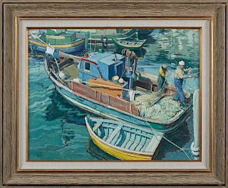 Geroge Fischer, "Cleaning the Nets-Portugal," 20th c., signed lower left, oil on panel, presented in a wood frame with a line