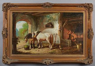 J. Schurchman, "The Blacksmith in The Stable," 19th c., oil on canvas, signed lower right, presented in a period gilt and ges