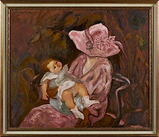 Ducle Beatriz (1931-, Cuban), "Lady in Pink Holding a Baby," 20th c