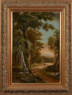 C. Herrmanns, "Forest Landscape with Shepherd," 20th c., oil on canvas, signed lower left, presented in an ornate gilt and ge