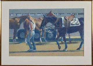 Pauline M. Howard (1951- ,Texas), "Polo Ponies and Stable Girl," 20th c., pastel, signed lower left, presented in a gilt fram