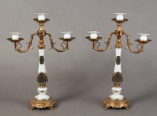 Pair of Gilt Spelter and Venetian Glass Three Light Candelabra, 20th