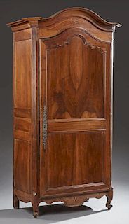 French Louis XV Style Inlaid Mahogany Armoire, early 19th c., the stepped arched canted corner crown over an arched two panel