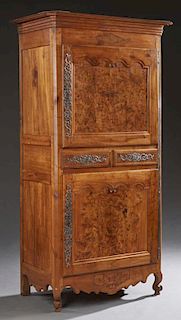 French Provincial Louis XV Style Carved Inlaid Burled Walnut Homme Debout, 19th c., the canted corner stepped crown over a cu