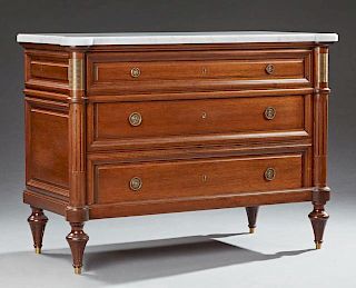 French Louis XVI Style Carved Mahogany Ormolu Mounted Marble Top Commode, early 20th c., the ogee edge figured white cookie c