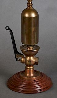 Bronze and Copper Steam Whistle, 19th c., from a train or a boat, now munted on a stepped circular mahogany base as a lamp, H
