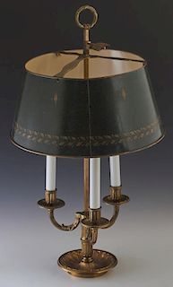 French Style Brass Three Light Bouillotte Lamp, 20th c., with a gilt decorated fole shade, H.- 25 in., Dia.- 13 1/2 in.