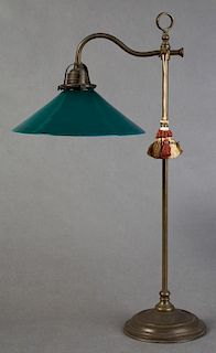 Vintage Brass Adjustable Desk Lamp, early 20th c., with a cased green glass cone shade, working, H.- 22 5/8 in., W.- 14 in., 