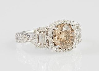 Lady's 18K White Gold Dinner Ring, with a round 2.01 carat fancy brown diamond within a border of round diamonds, with diamon