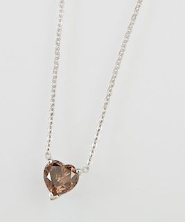 14K White Gold Pendant, with a heart shaped .95 carat brown diamond, solitaire, on a 14K white gold flat link chain, L.- 17 i