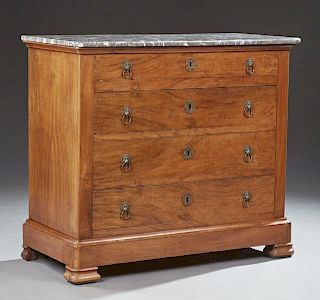 Louis Philippe Carved Walnut Marble Top Commode, c. 1850, the highly figured grey rounded corner marble over four long drawer