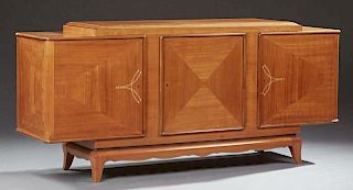 French Carved Cherry Art Deco Louis XVI Style Sideboard, c. 1920, the raised parquetry inlaid ogee edge center section, over 