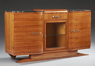French Art Deco Carved Mahogany Marble Top Sideboard, c. 1930, with a carved wooden center with a drawer over a wide glazed c