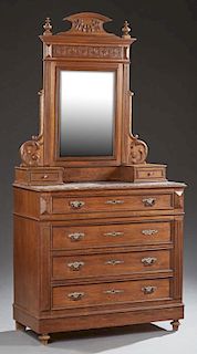 French Henri II Style Carved Poplar Marble Top Dresser, c. 1880, the arched back with a wide beveled mirror above two glove d