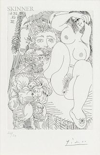 Pablo Picasso (Spanish, 1881-1973)  Jeune courtisane avec un gentilhomme, un sculpteur et un vieillard alléché