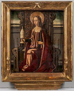 Spanish School-Aragonese, 15th Century  Mary Magdalene Enthroned, Holding an Unguent Jar and Rosary