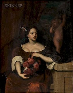 Johannes (Jan) Tielius (French, 1653-1719)  Seated Woman with a Bouquet of Roses, A Figure of Cupid Behind Her